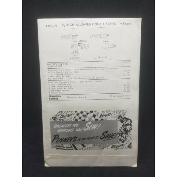 Advance 1948 Buttons and Bows Apron w Pockets Sewing Pattern Vintage JC Penney's - Picture 4 of 4